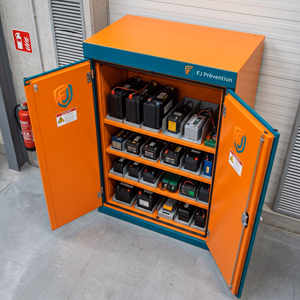 Armoire ignifugée ouverte avec des batteries lithium-ion rangées sans contact entre elles