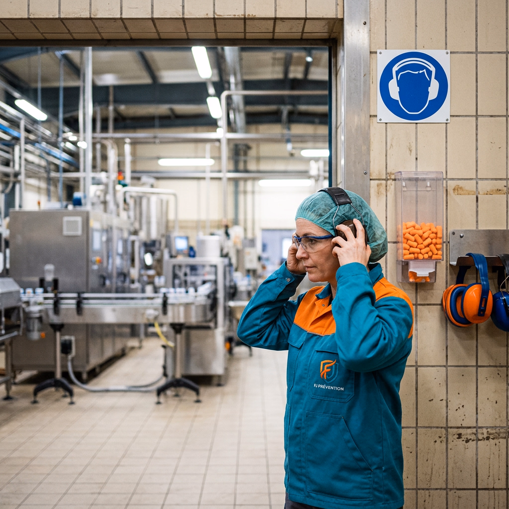 Salariée d'une usine agroalimentaire mettant un casque antibruit à l'entrée d'une zone bruyante signalée par un pictogramme bleu, distributeur de bouchons d'oreilles au mur