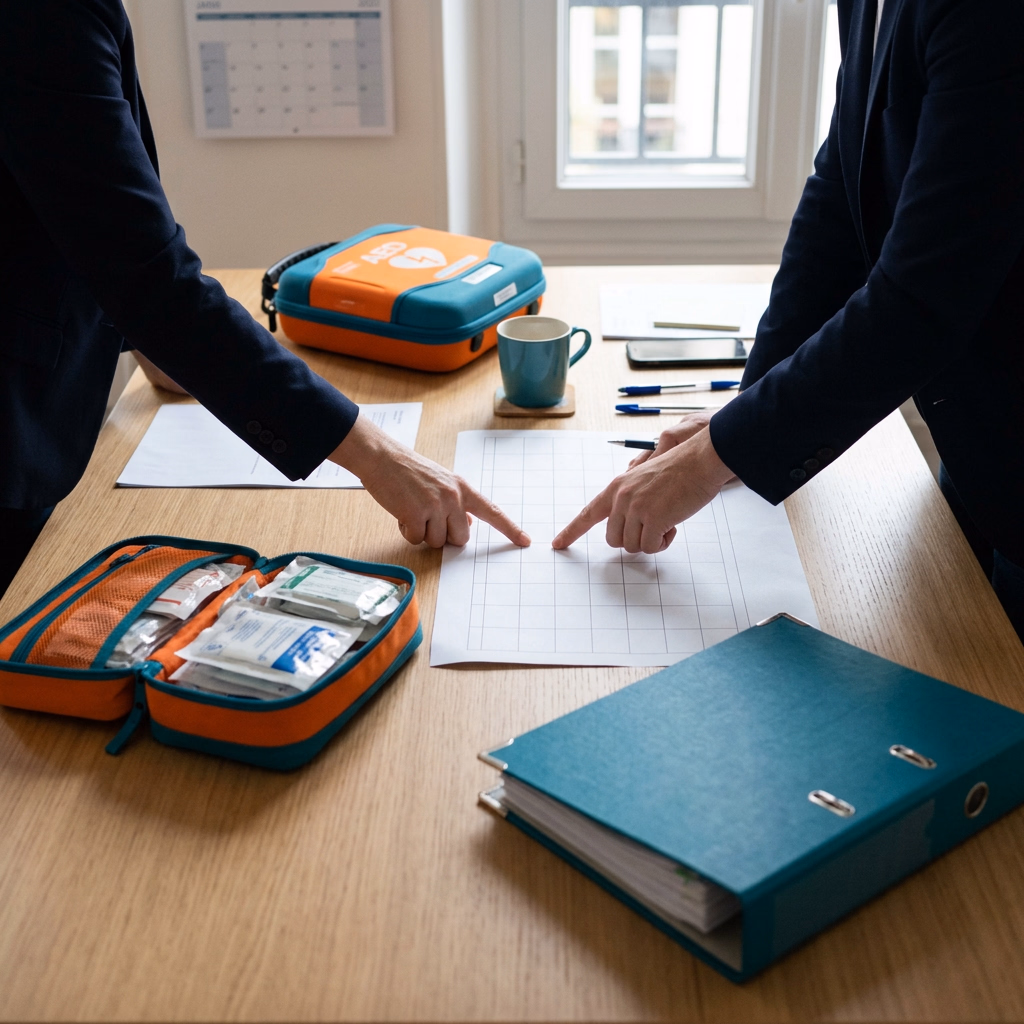 Préparation d'une formation SST en entreprise : trousse de secours, défibrillateur de formation et planning sur une table de réunion