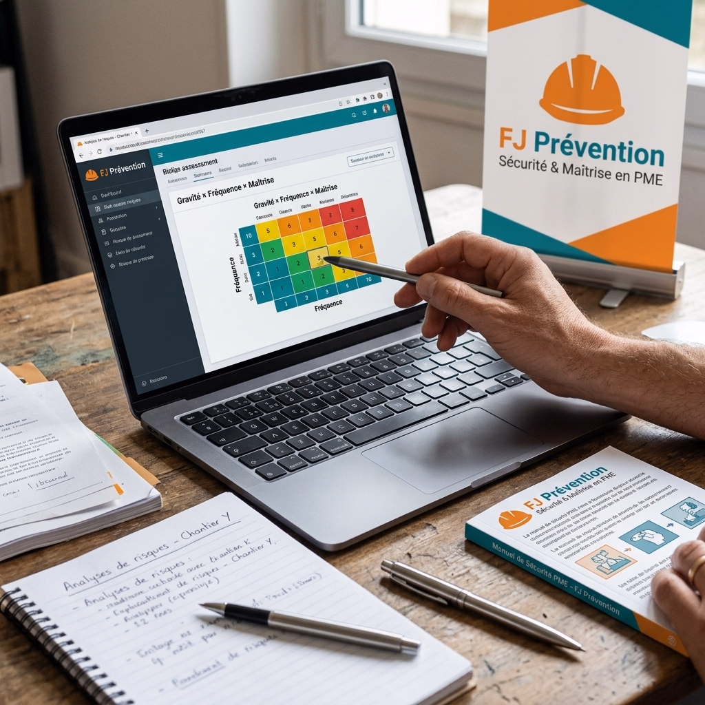 Saisie des risques dans un logiciel de document unique — cotation G×F×M sur ordinateur portable, contexte PME libournaise