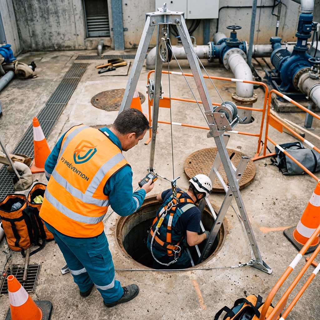 Surveillant en gilet orange posté à l'ouverture d'un regard, détecteur de gaz en main, pendant qu'un intervenant harnaché descend par l'échelle