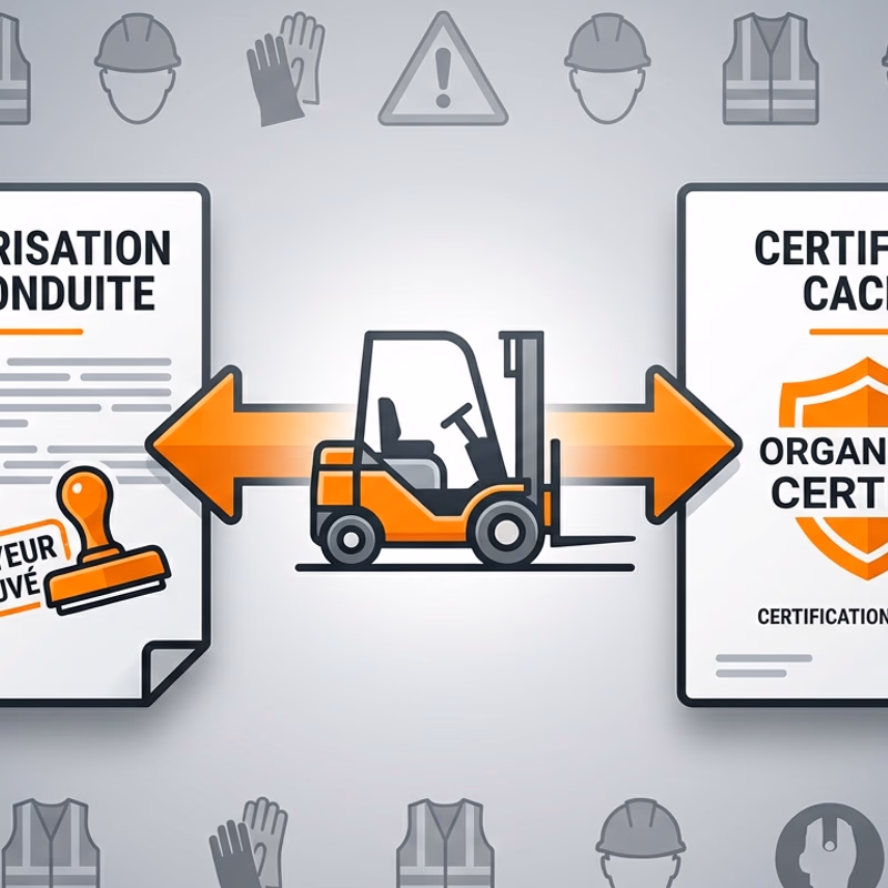 Différents types d'engins nécessitant un CACES : chariot élévateur, nacelle, pelleteuse