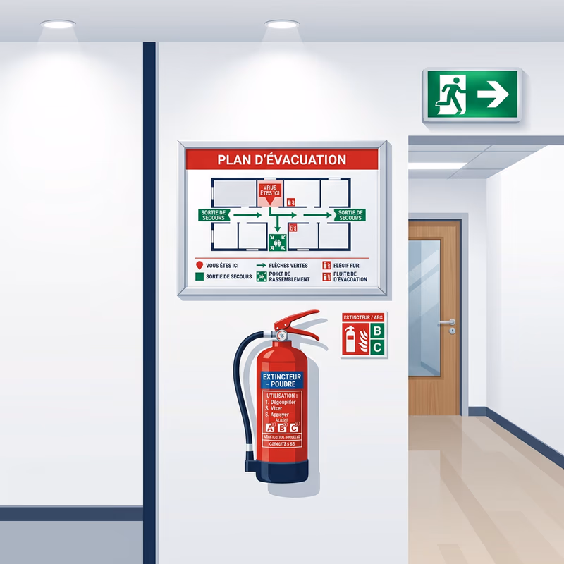 Extincteur et plan d'évacuation dans un établissement recevant du public en France