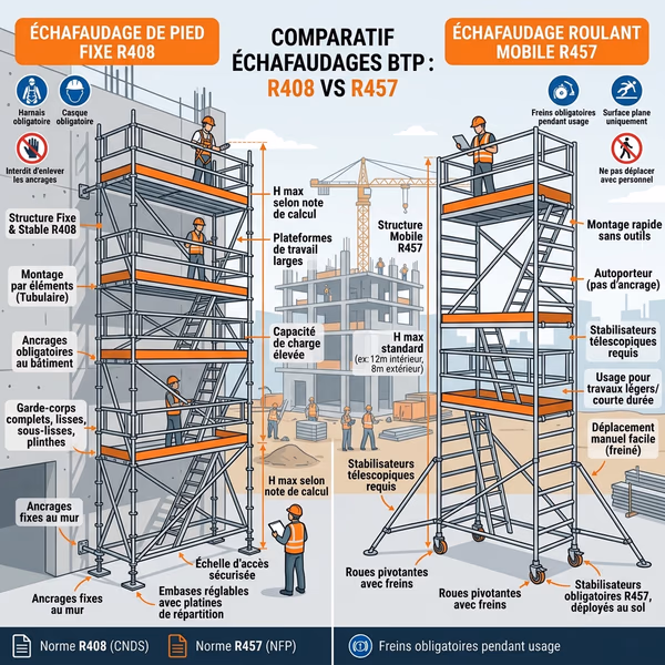 Comparaison entre échafaudage de pied R408 et échafaudage roulant R457 avec étiquettes de sécurité