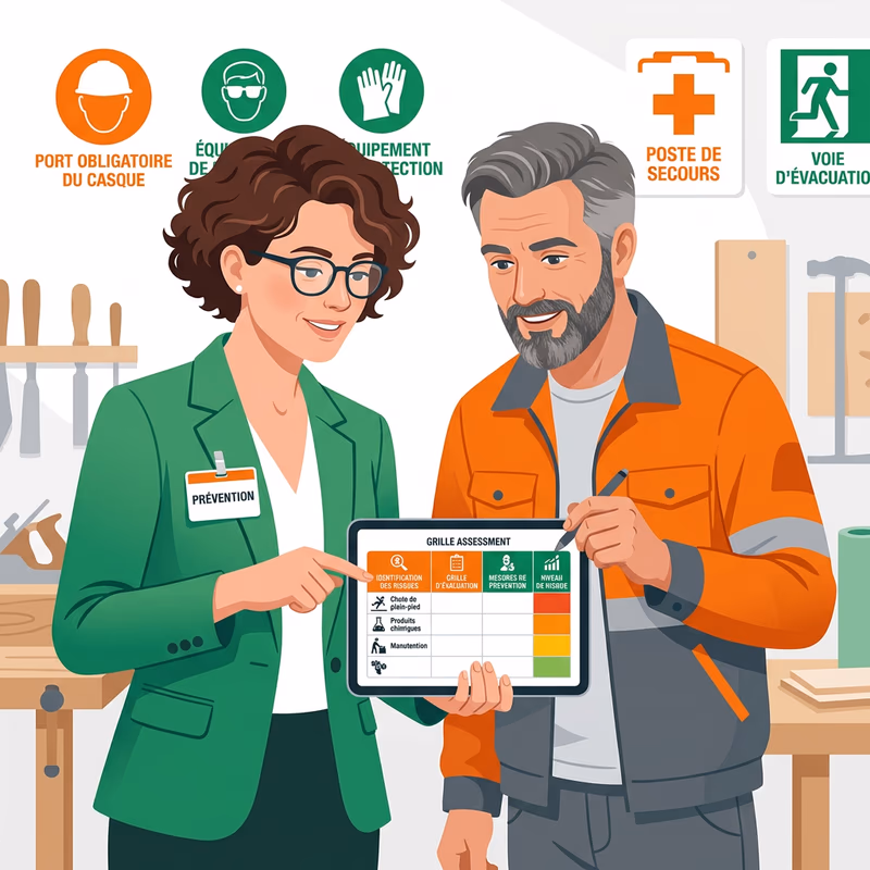 Chef d'entreprise et consultante prévention analysant les risques en TPE