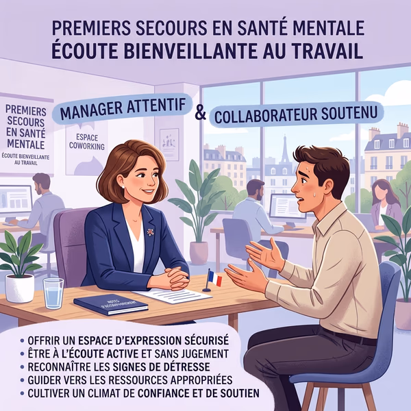 Manager bienveillant en entreprise écoutant un collaborateur - Formation PSSM Libourne