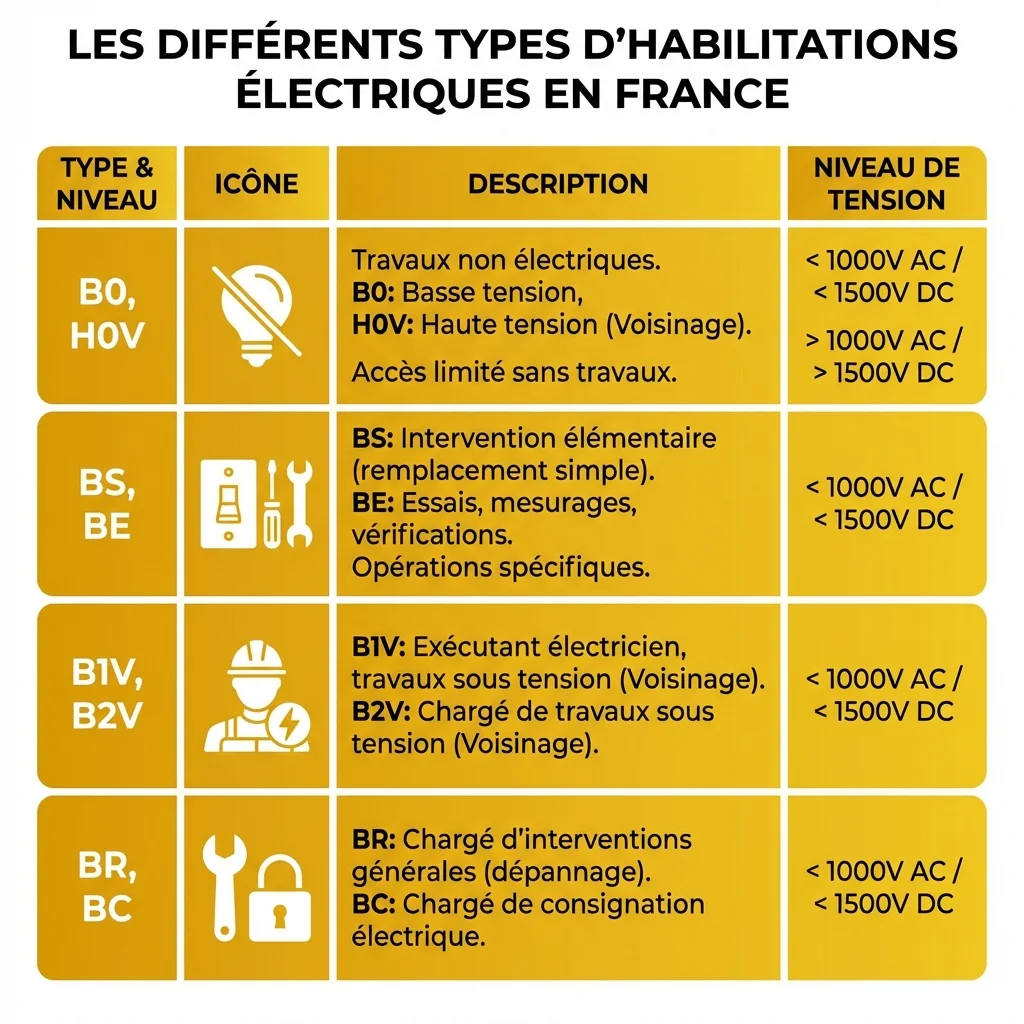 Tableau récapitulatif des différents types d'habilitations électriques NF C 18-510
