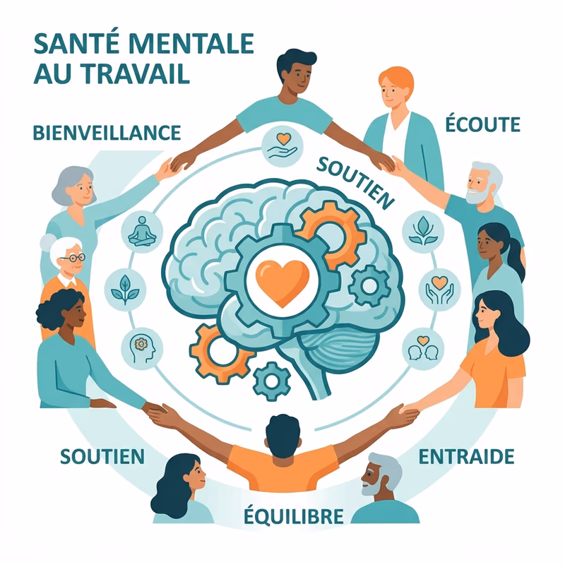 Illustration santé mentale au travail - le soutien entre collègues, cœur de la formation PSSM