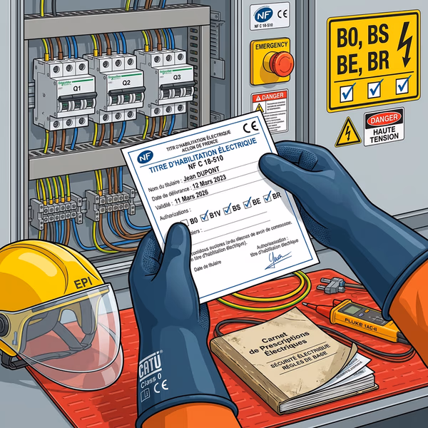 Titre d'habilitation électrique NF C 18-510 avec EPI et tableau électrique industriel