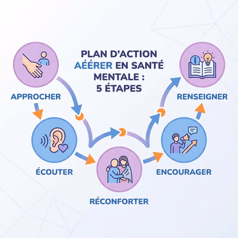 Schéma des 5 étapes du plan d'action AERER en premiers secours santé mentale