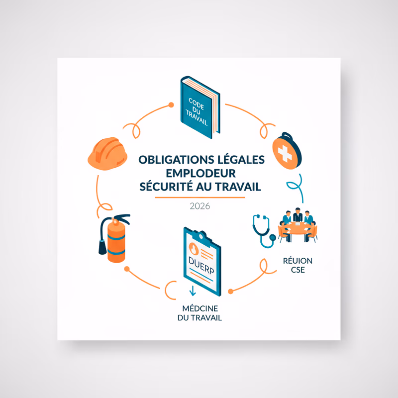 Infographie des obligations employeur en matière de sécurité au travail en 2026 - Code du travail, DUERP, formations obligatoires