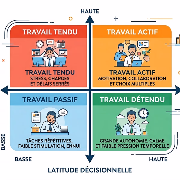 Modèle de Karasek : les 4 quadrants de la demande psychologique et de la latitude décisionnelle