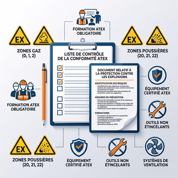 Infographie des obligations employeur réglementation ATEX : zonage, DRPCE, formation