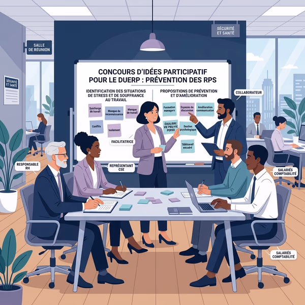 Illustration d'une équipe de prévention française discutant de l'évaluation des RPS