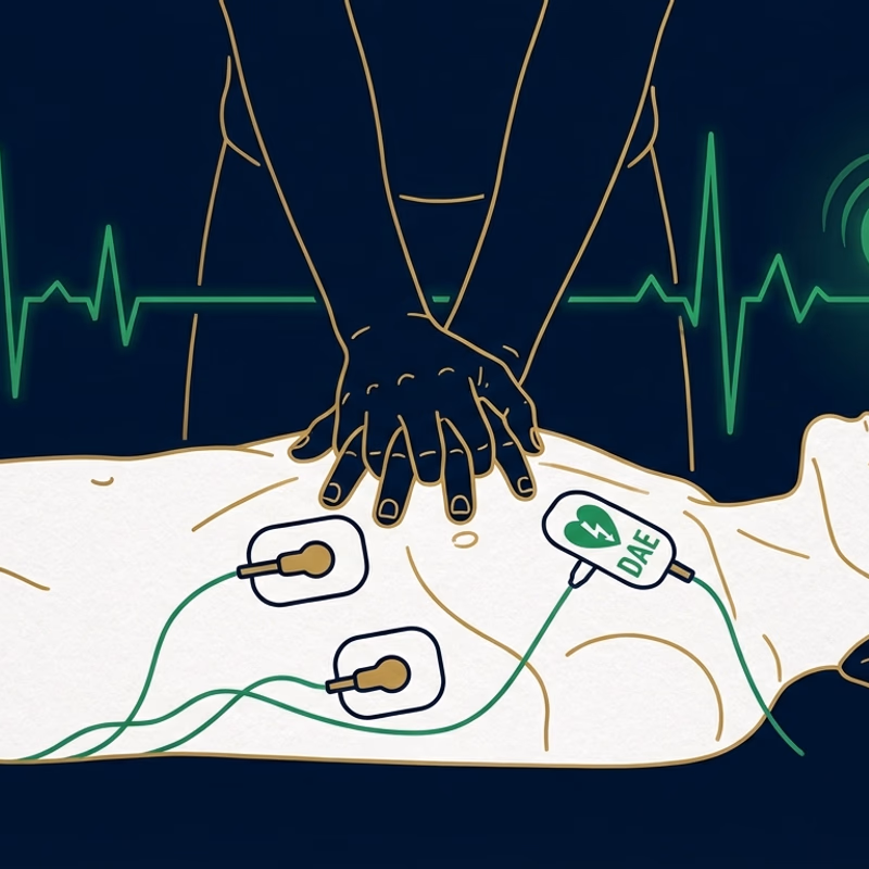 Défibrillateur DAE installé dans un boîtier mural en entreprise avec signalétique verte