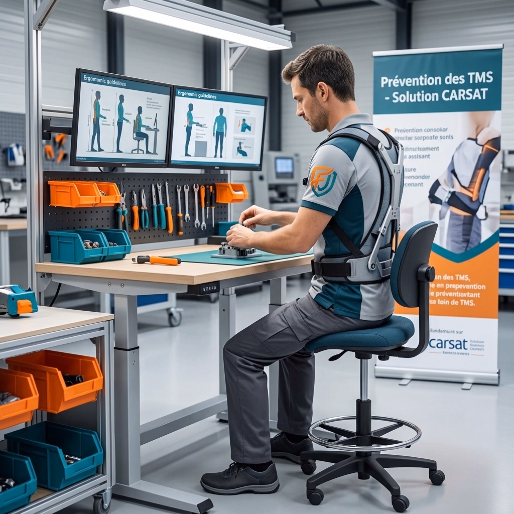 Poste de travail logistique équipé d'une table élévatrice réglable et d'un siège assis-debout pour prévenir les troubles musculosquelettiques, démarche financée par la subvention CARSAT Prévention des Risques Ergonomiques en Gironde