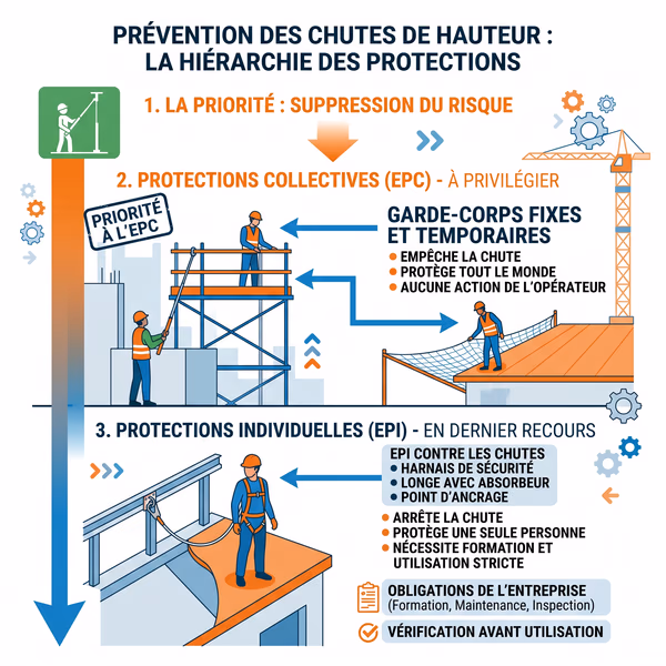 Schéma des équipements de protection contre les chutes de hauteur : EPC et EPI