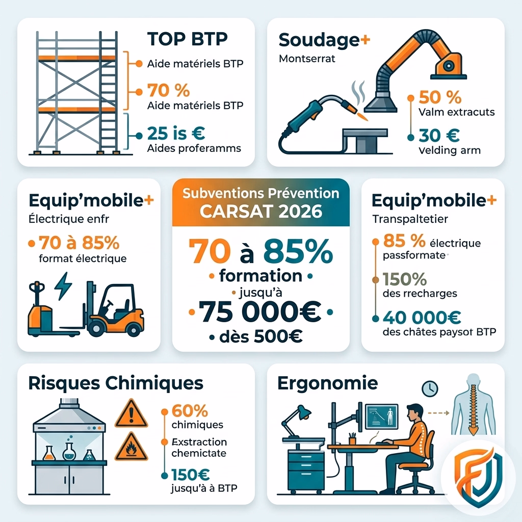 Infographie des dispositifs de subventions prévention CARSAT 2026 : TOP BTP, Soudage+, Equip'mobile+, Risques Chimiques Pros et taux de financement jusqu'à 85 % HT