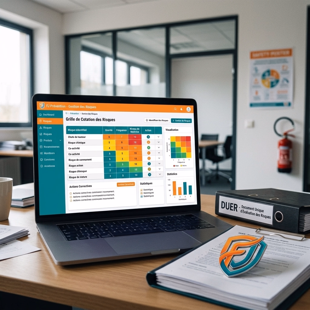 Interface d'un logiciel de document unique numérique avec la grille de cotation des risques Gravité × Fréquence × Maîtrise, adaptée aux PME d'Angoulême