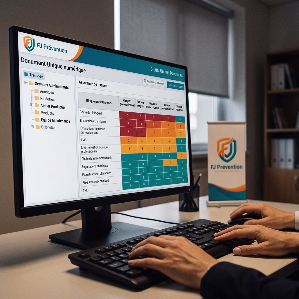 Interface d'un logiciel de document unique numérique avec la grille de cotation des risques Gravité × Fréquence × Maîtrise