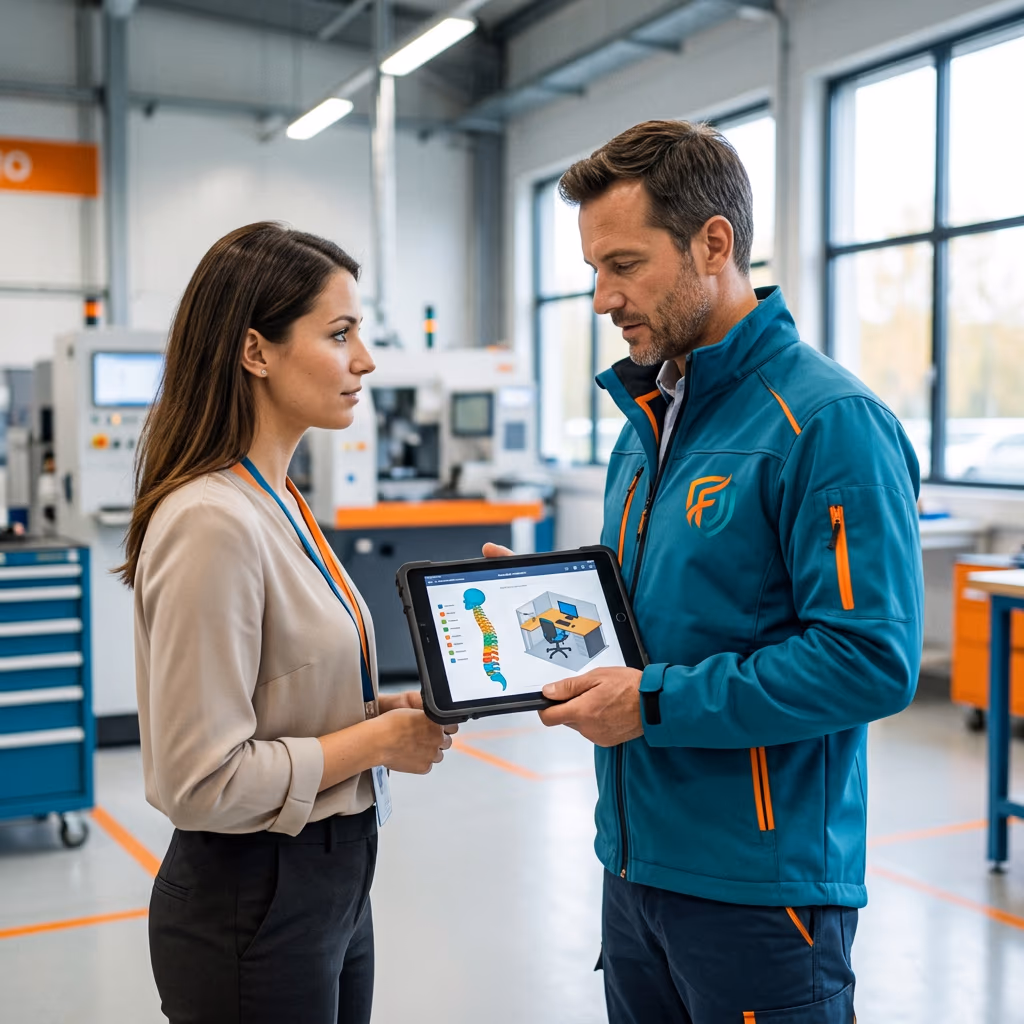 Responsable et salariée examinant ensemble l'évaluation ergonomique d'un poste de travail sur une tablette