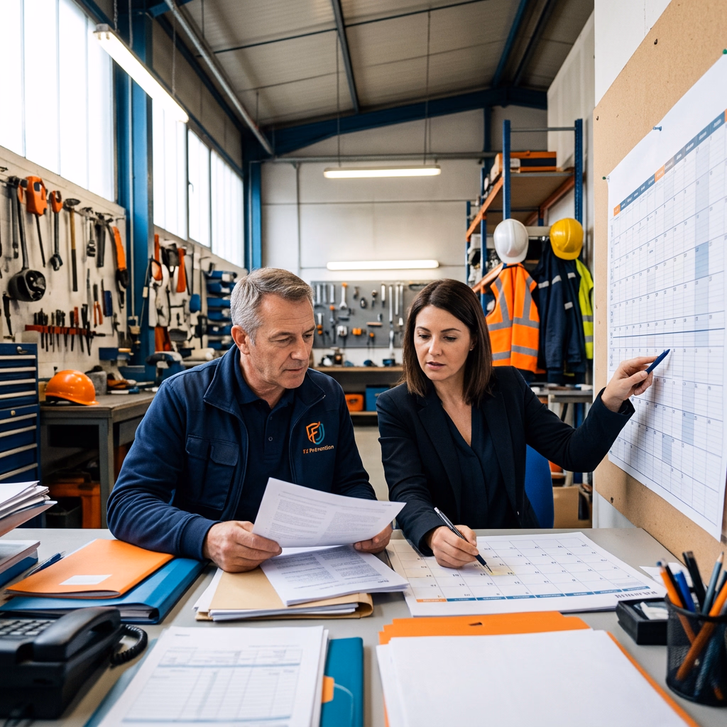 Dirigeant et responsable RH préparant le protocole d'accord préélectoral et le calendrier des élections du CSE