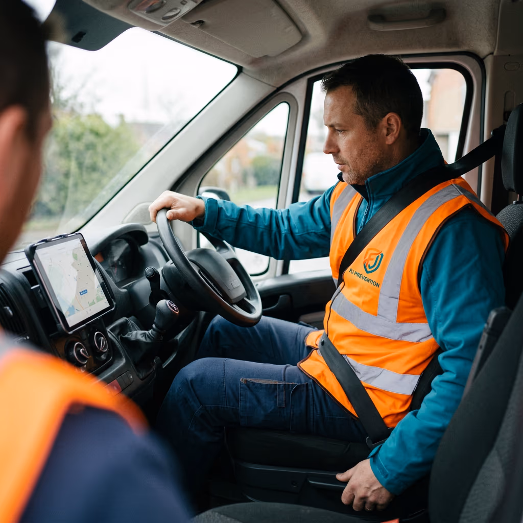 Technicien en gilet réglant son siège et son volant avant une mission, itinéraire affiché sur une tablette fixée au tableau de bord