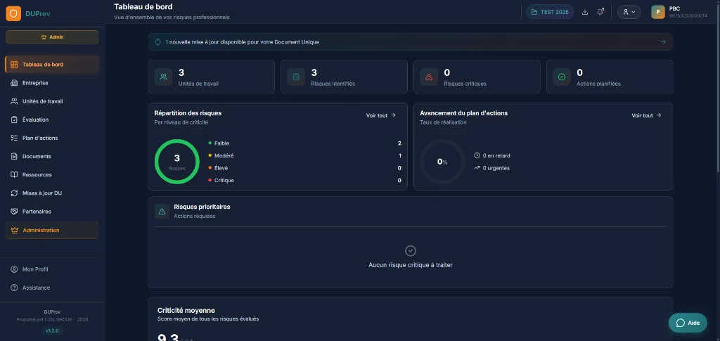 Tableau de bord DUPrev - Vue d'ensemble des risques professionnels et plan d'actions DUERP
