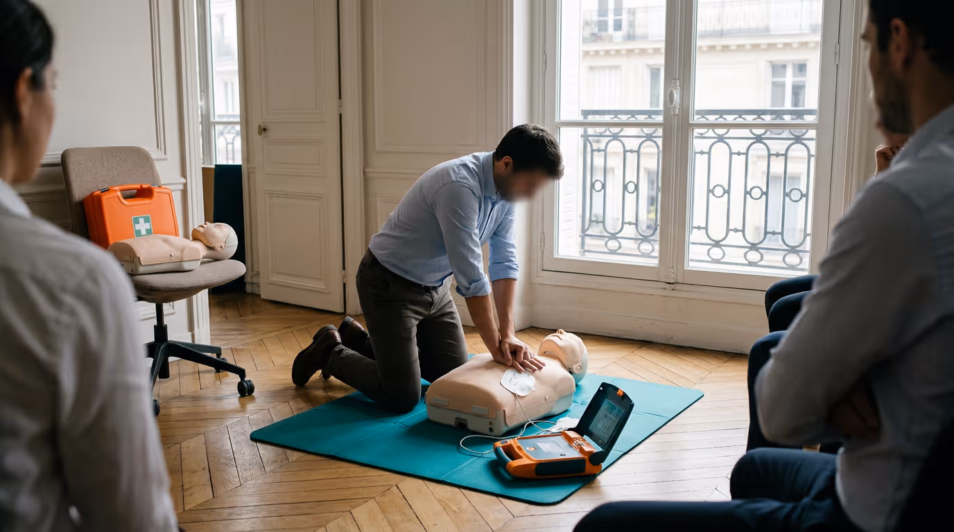 Formation SST dans des bureaux parisiens : un stagiaire pratique le massage cardiaque sur un mannequin, défibrillateur de formation posé à côté, devant le reste du groupe