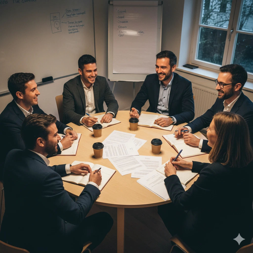 Groupe d’élues du CSE en formation SSCT, assises autour d’une table ronde, discutant de manière studieuse et conviviale. »