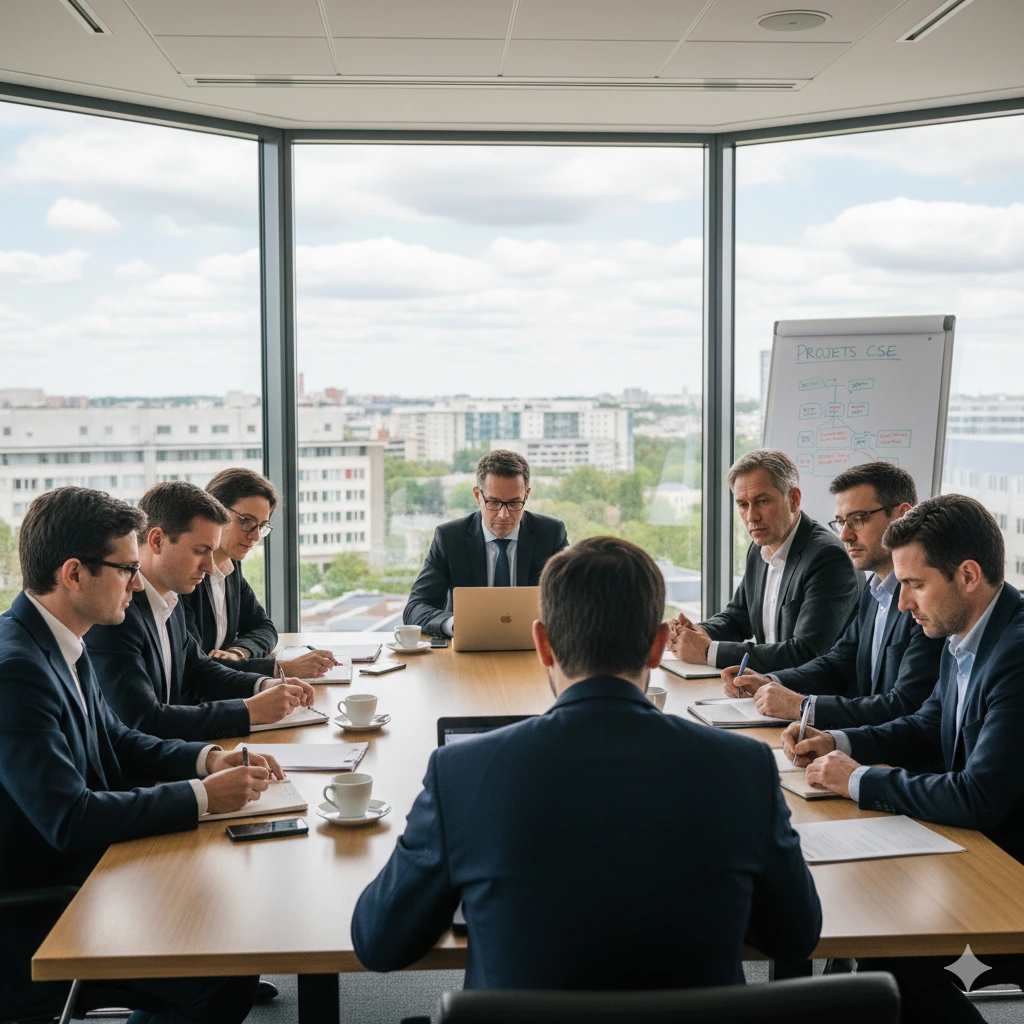 Des élues du CSE en formation SSCT, réunies autour d’une grande table de réunion, concentrées et collaborant dans une ambiance professionnelle.