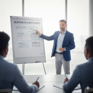 Formateur CSE expliquant les obligations sur un tableau blanc
