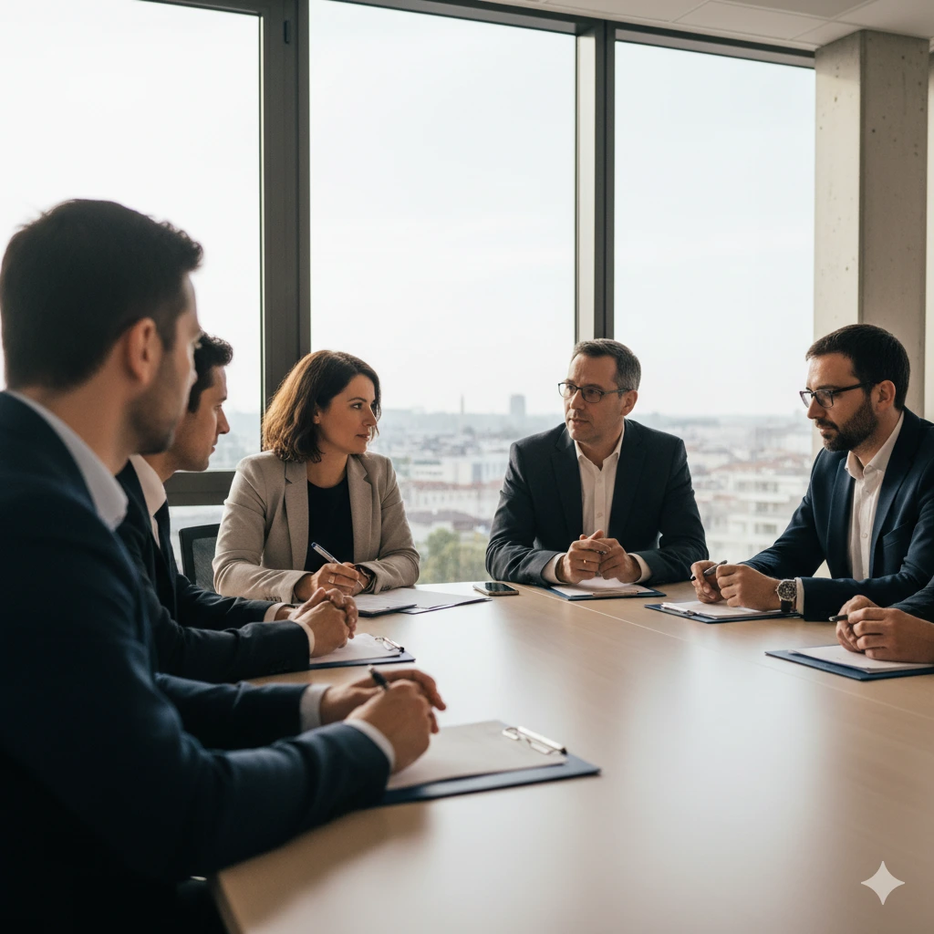 Échange autour d’une table entre représentants CSE et salariés