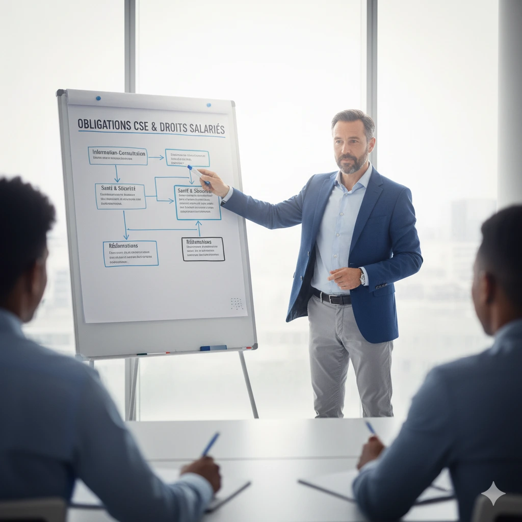 Formateur CSE expliquant les obligations sur un tableau blanc