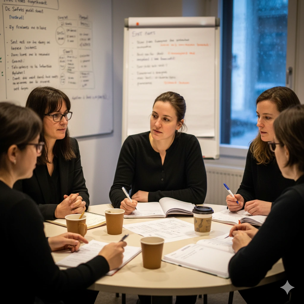 Petit groupe d’élues suppléantes du CSE en formation SSCT, réunies autour d’une table ronde, travaillant sur des documents et échangeant de façon collaborative.