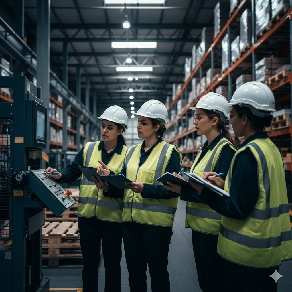 Groupe d’élues du CSE en formation SSCT pratique, portant casques et gilets de sécurité, suivant les explications d’un formateur dans un atelier industriel.