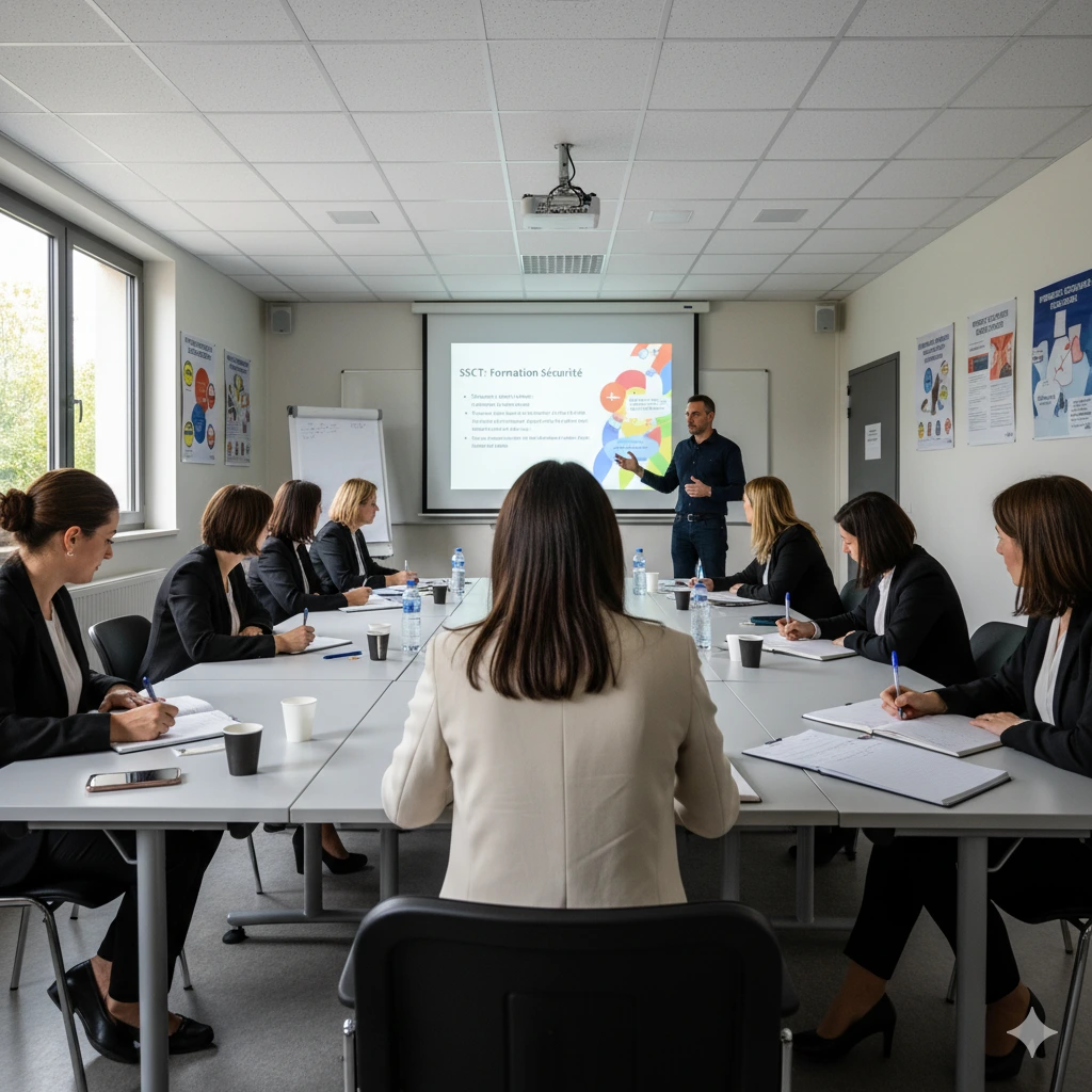 Formateur animant une formation SSCT pour des élues suppléantes du CSE, participants attentifs prenant des notes devant un écran de projection.