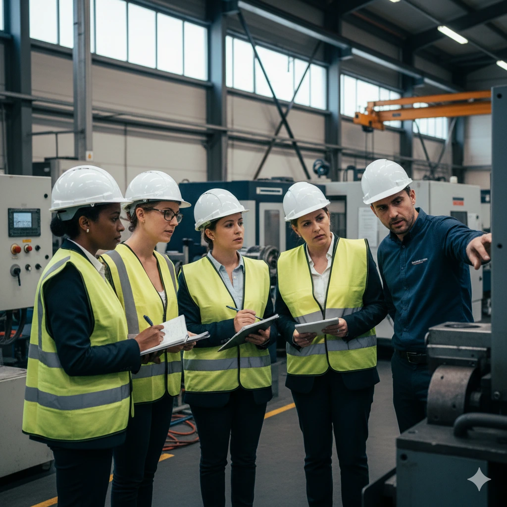 Élues suppléantes du CSE participant à une formation SSCT sur site logistique, équipées de gilets fluorescents et de casques, consultant une checklist de sécurité.