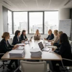 Élues suppléantes du CSE en formation SSCT, réunies dans une salle moderne autour d’une grande table, concentrées sur leurs documents et échanges.