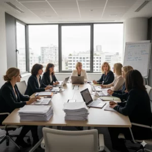 Élues suppléantes du CSE en formation SSCT, réunies dans une salle moderne autour d’une grande table, concentrées sur leurs documents et échanges.