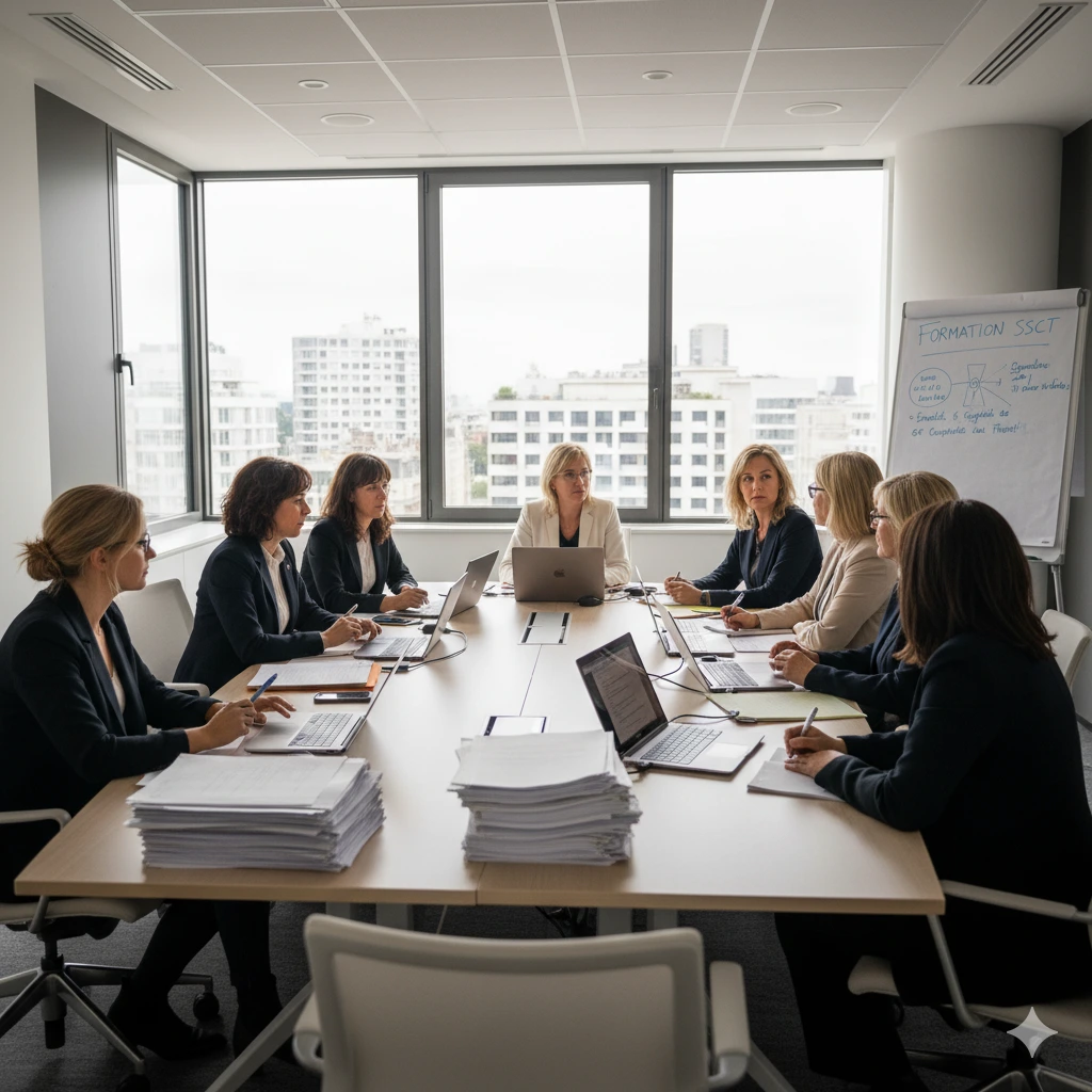 Élues suppléantes du CSE en formation SSCT, réunies dans une salle moderne autour d’une grande table, concentrées sur leurs documents et échanges.