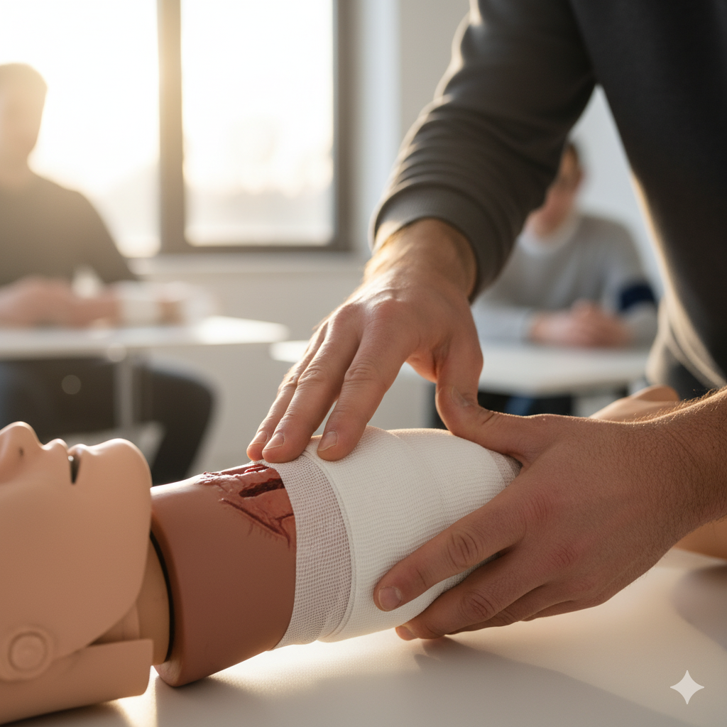Formateur SST montrant comment stopper une hémorragie avec un pansement compressif pendant un atelier pratique en entreprise.