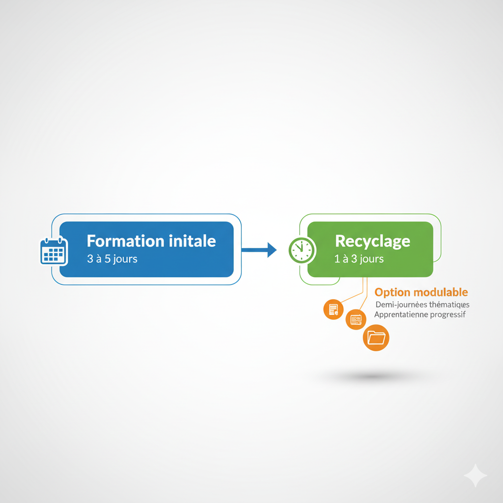Infographie illustrant la durée et le rythme d’une formation : formation initiale de 3 à 5 jours, recyclage de 1 à 3 jours et modules modulaires en demi-journées.