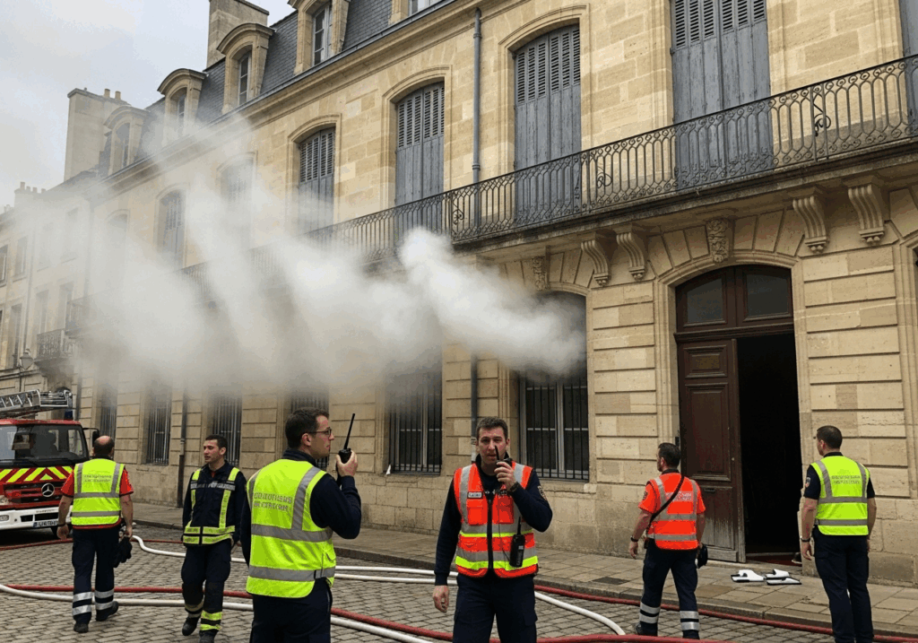 Équipiers de première intervention à Bordeaux coordonnant un exercice incendie dans un bâtiment ancien avec radios et gilets fluorescents.