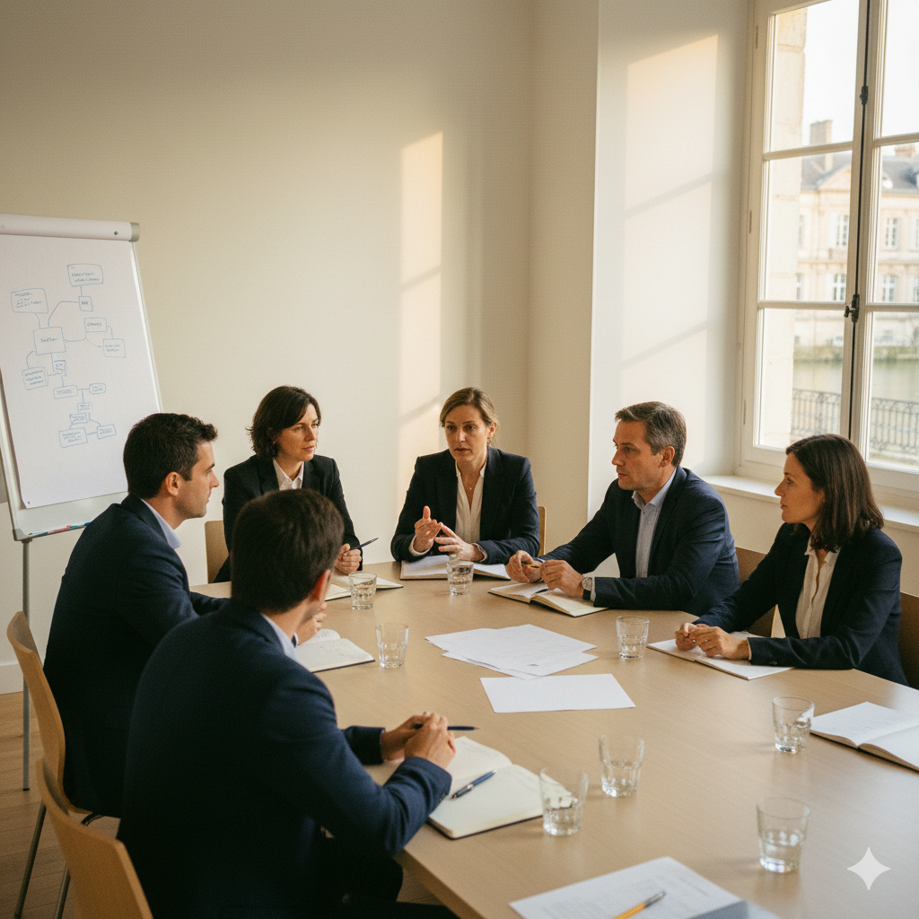 Réunion CSE/SSCT matinale à Bordeaux, élus concentrés autour d’une table, lumière dorée latérale, style éditorial réaliste.