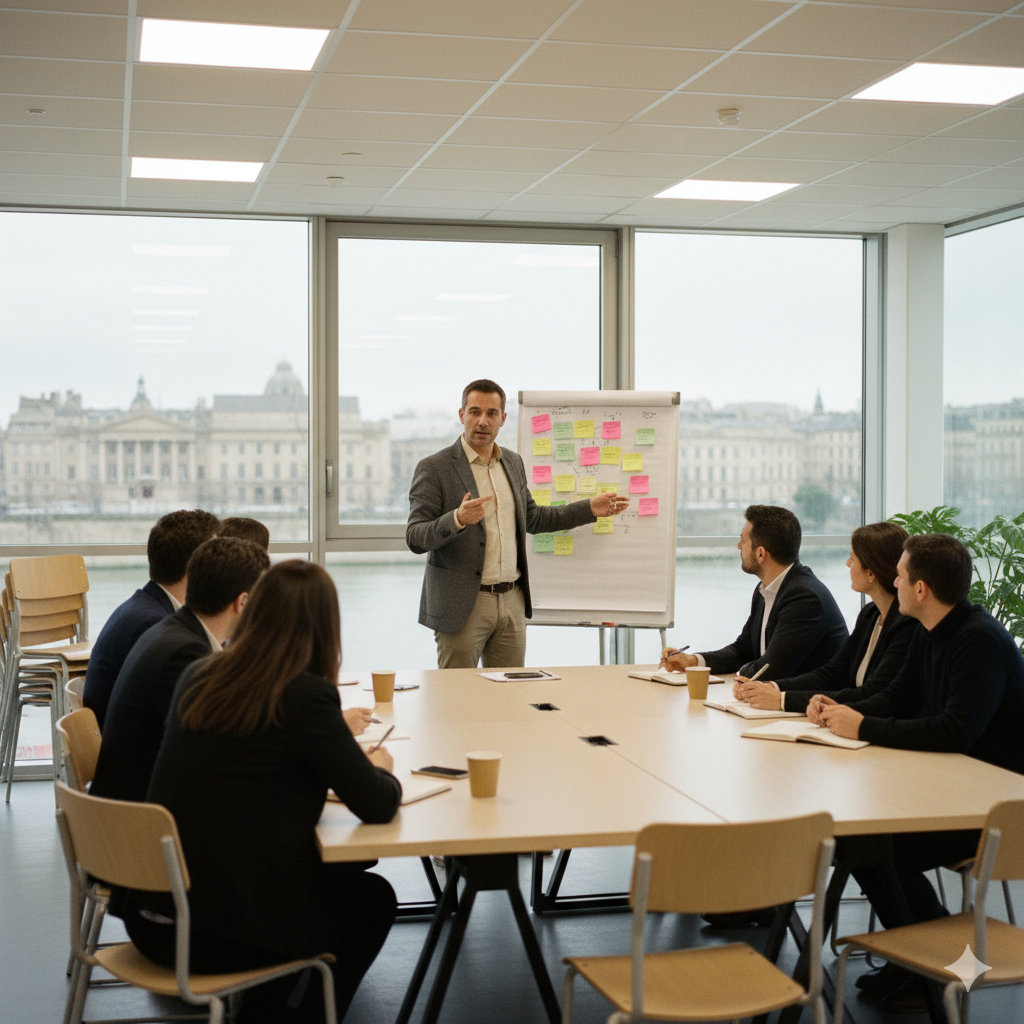 Formation mutualisée de trois PME à Bordeaux, formateur devant un tableau, ambiance coworking, style reportage authentique.