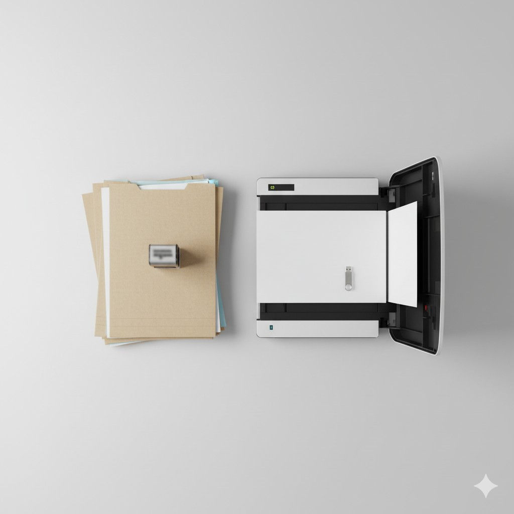 Checklist conformité: attestations et feuilles de présence près d’un scanner, nature morte épurée et lumineuse.