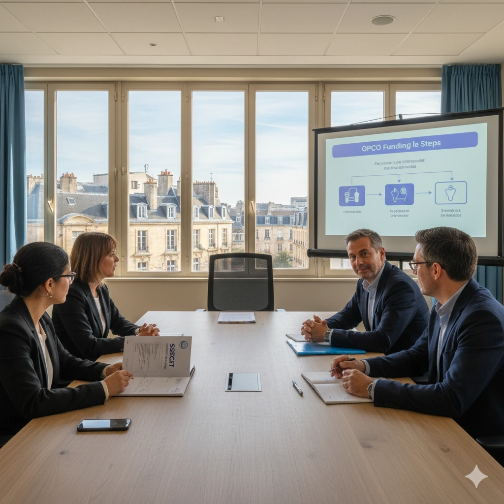 formation CSE SSCT à Bordeaux avec dossier OPCO en discussion dans une salle de réunion lumineuse