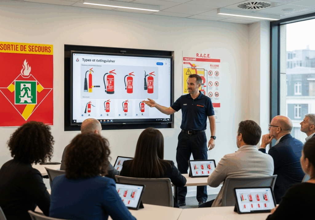 Formateur animant une micro-formation incendie en salle avec supports e-learning et affiches de sécurité visibles