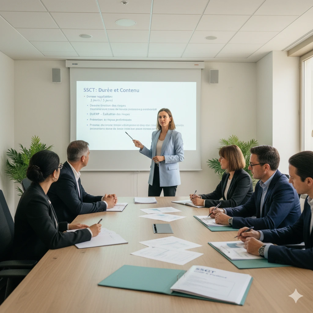 formation SSCT du CSE avec formatrice expliquant les durées réglementaires et le contenu DUERP